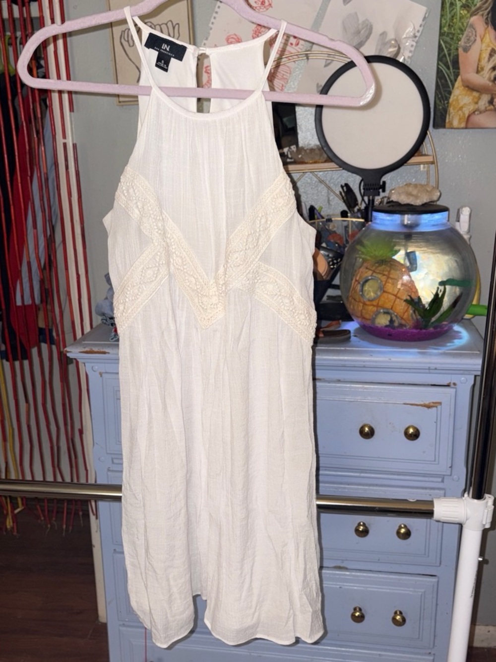 Boho White Lace-Trim Halter Mini Dress
